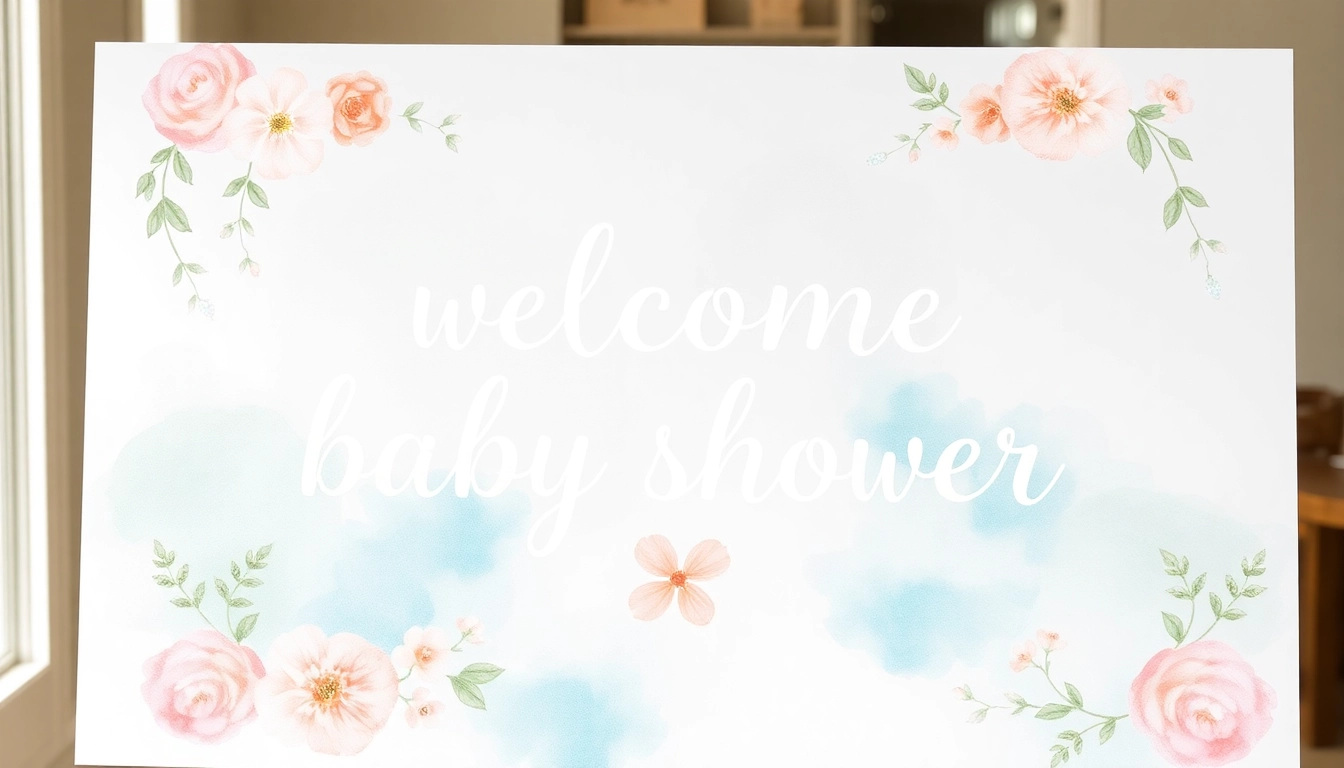 Bright and cheerful baby shower welcome sign with personalized text and delicate floral embellishments, perfect for celebration entrances.