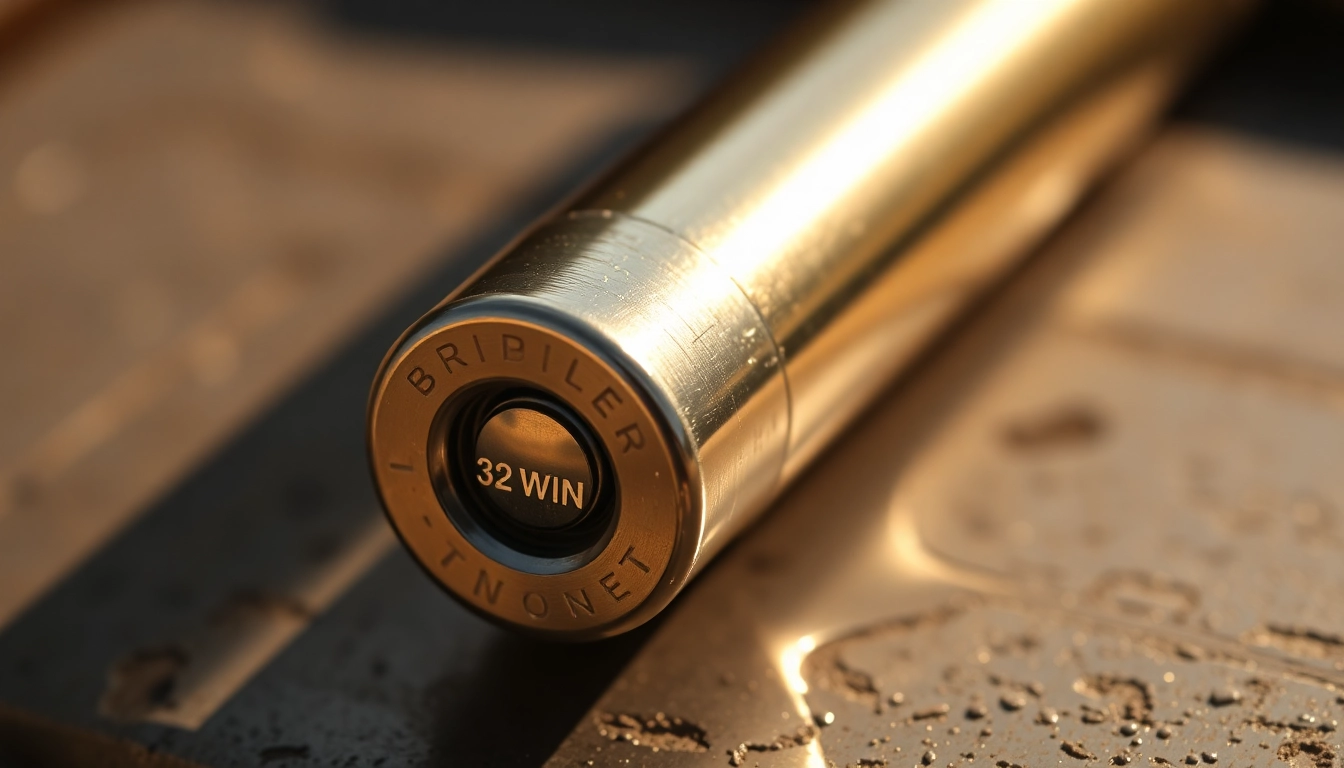 High-resolution image of a 32 WIN cartridge showcasing its detailed features and metallic sheen for firearms enthusiasts.