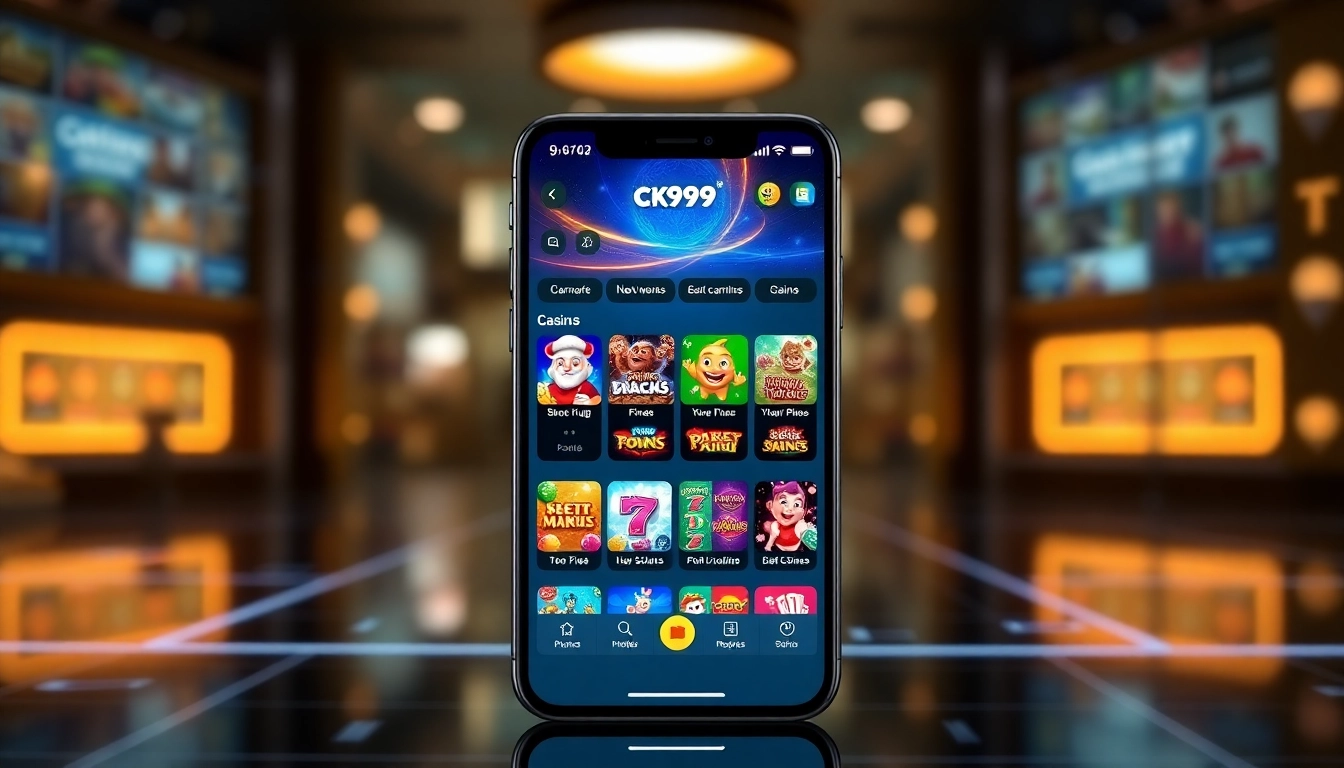 The ck999 app displayed on a smartphone screen with engaging casino games, inviting users to play and win on mobile devices.