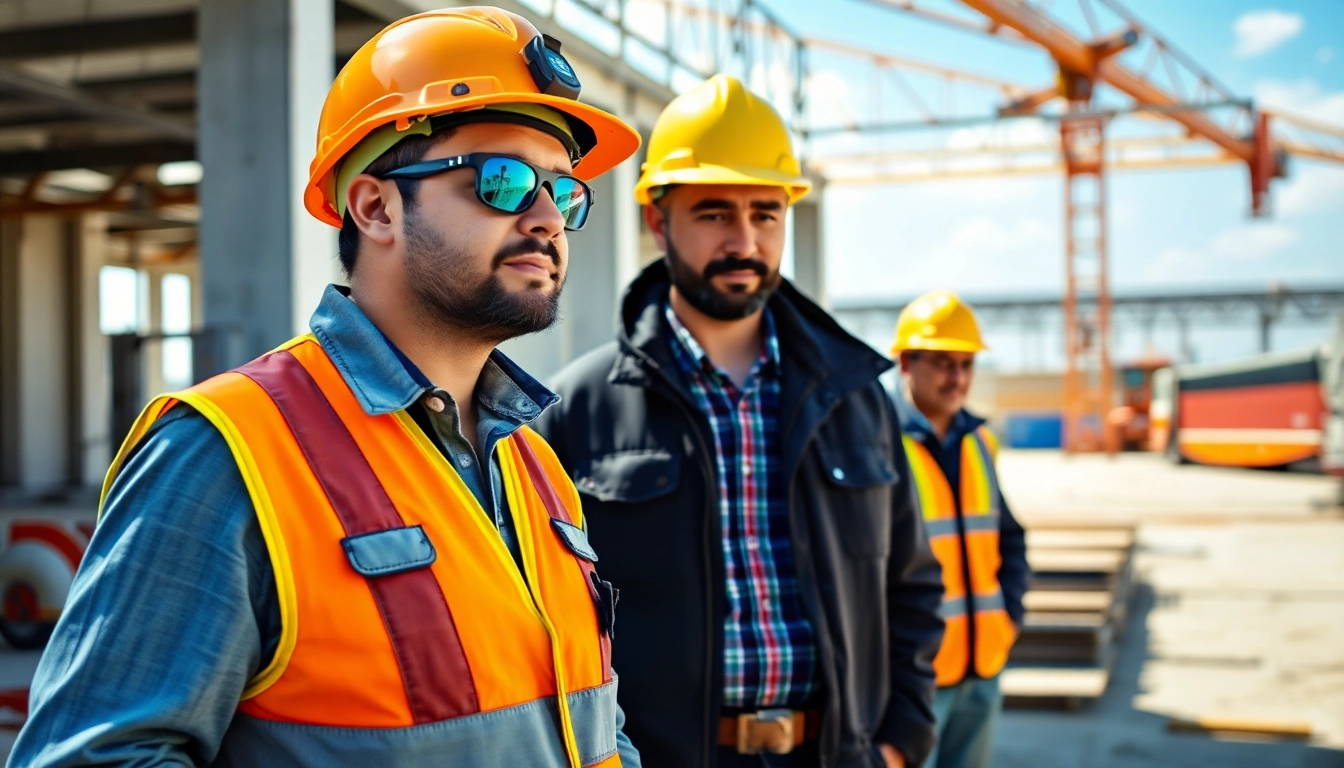 Professional contractor managing a construction project on-site with workers and building supplies