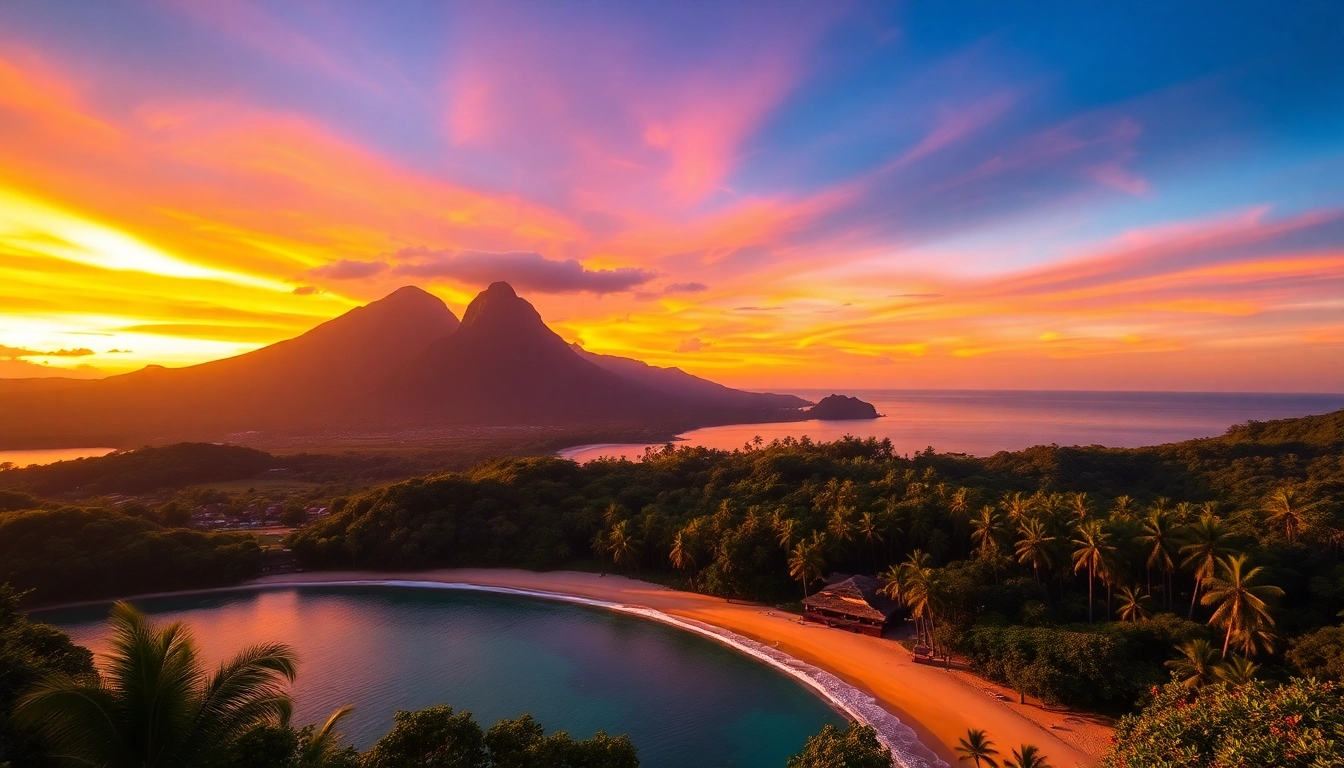 Captivating view of Lombok's best beaches and mountains under colorful sunset sky, inviting travel and adventure.