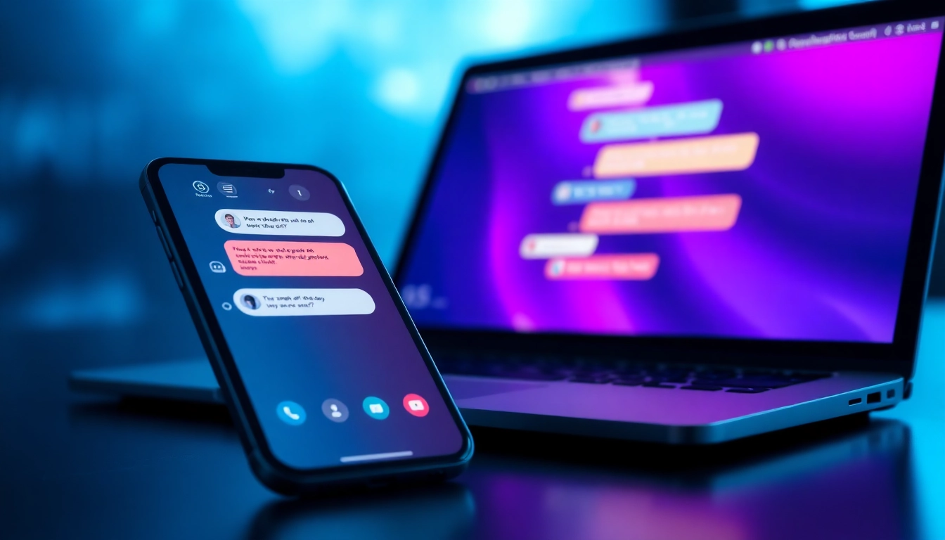 Close-up of a smartphone and laptop displaying AI chatbot conversations with colorful chat bubbles in a futuristic setting.