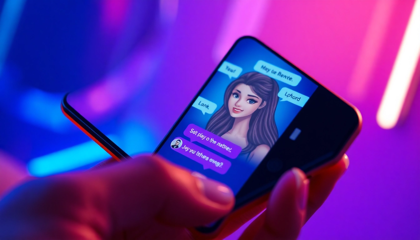 An illustration of a smartphone displaying a chat interface with a friendly AI character avatar, set against a vibrant, neon-lit futuristic background.