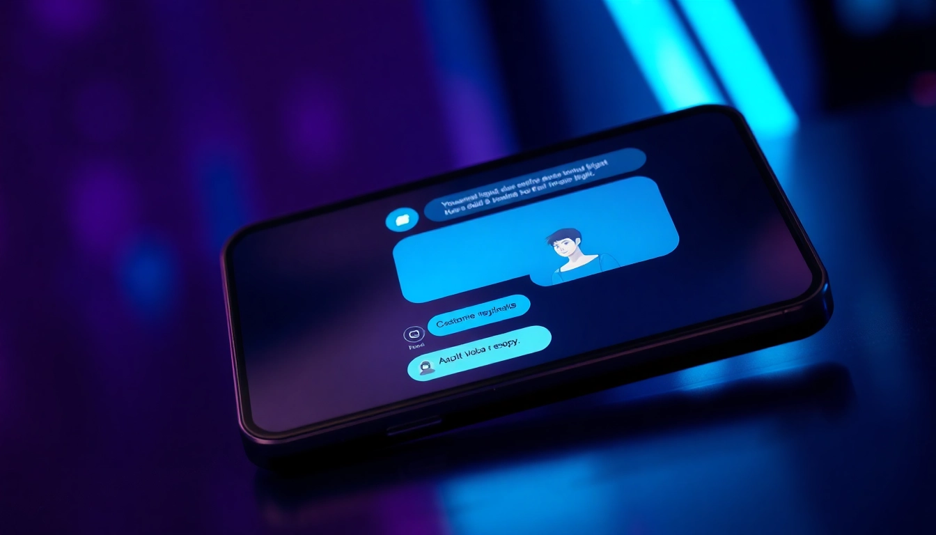 Close-up of a sleek mobile device displaying an adult-themed AI chat interface with neon lighting and digital textures.