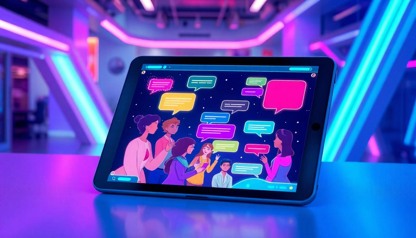 An illustration of a futuristic AI chatbot platform with animated characters and neon accents, showcasing digital interaction and technology.