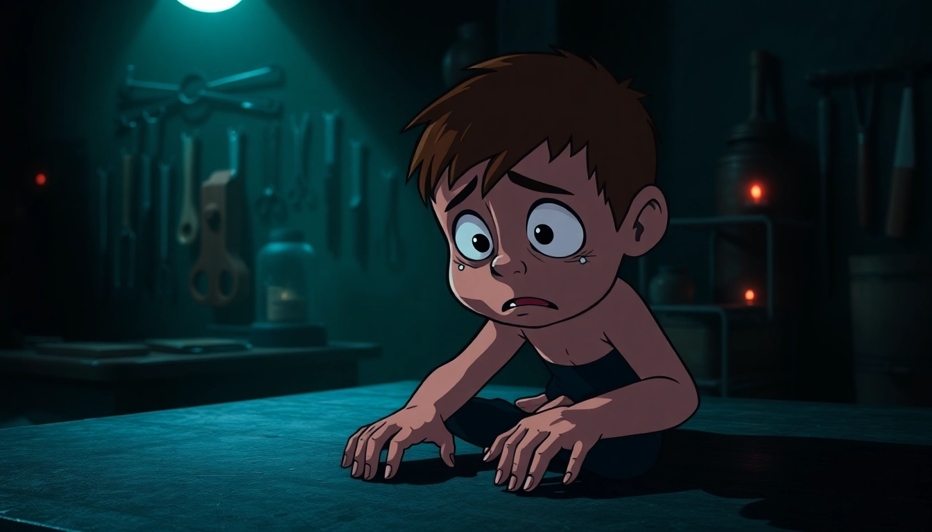 A distressed Harvey sitting on a table with tools and a dark shop in the background, illustrating psychological horror