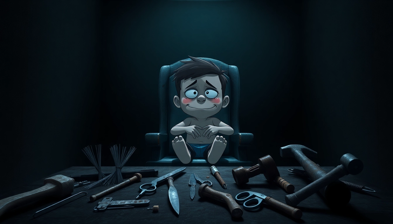 Harvey, a cheerful cartoon character, visibly distressed and suffering in a dark, gritty room with tools around him, emphasizing moral dilemma and psychological horror.