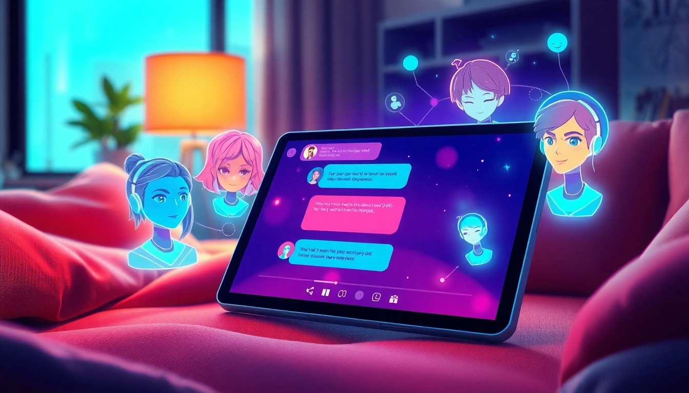 Futuristic chat interface with holographic AI characters in a cozy modern room