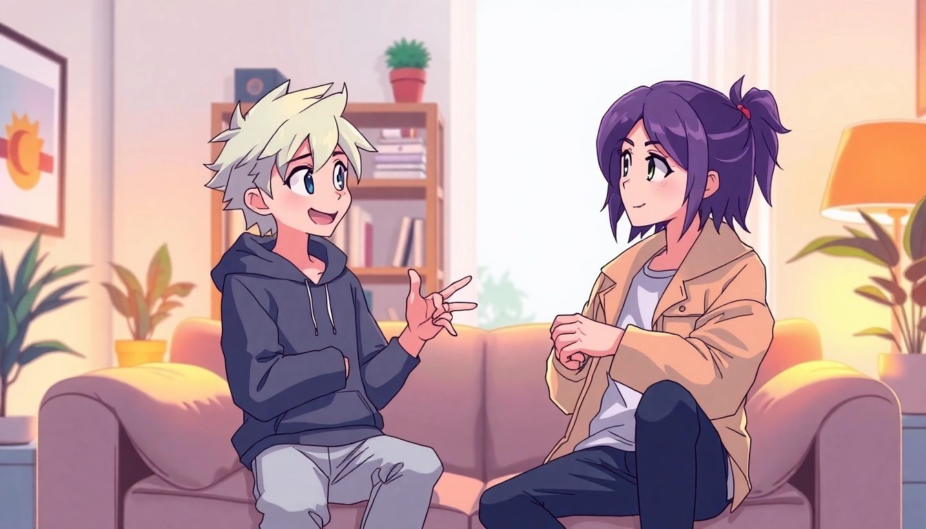 Anime-style illustration of two characters chatting in a cozy room with warm lighting and vibrant colors.