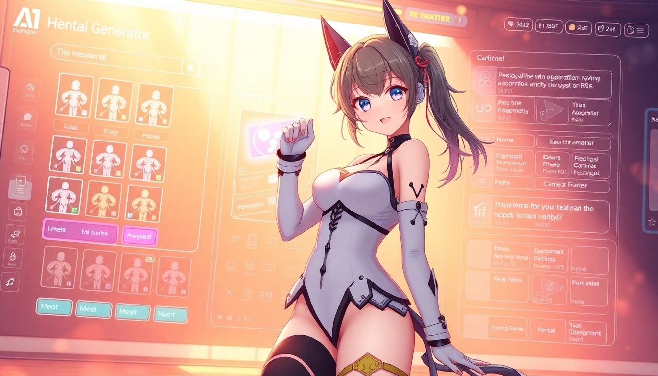 Illustration of an AI hentai generator interface with customizable anime characters and vibrant visuals, emphasizing advanced features.