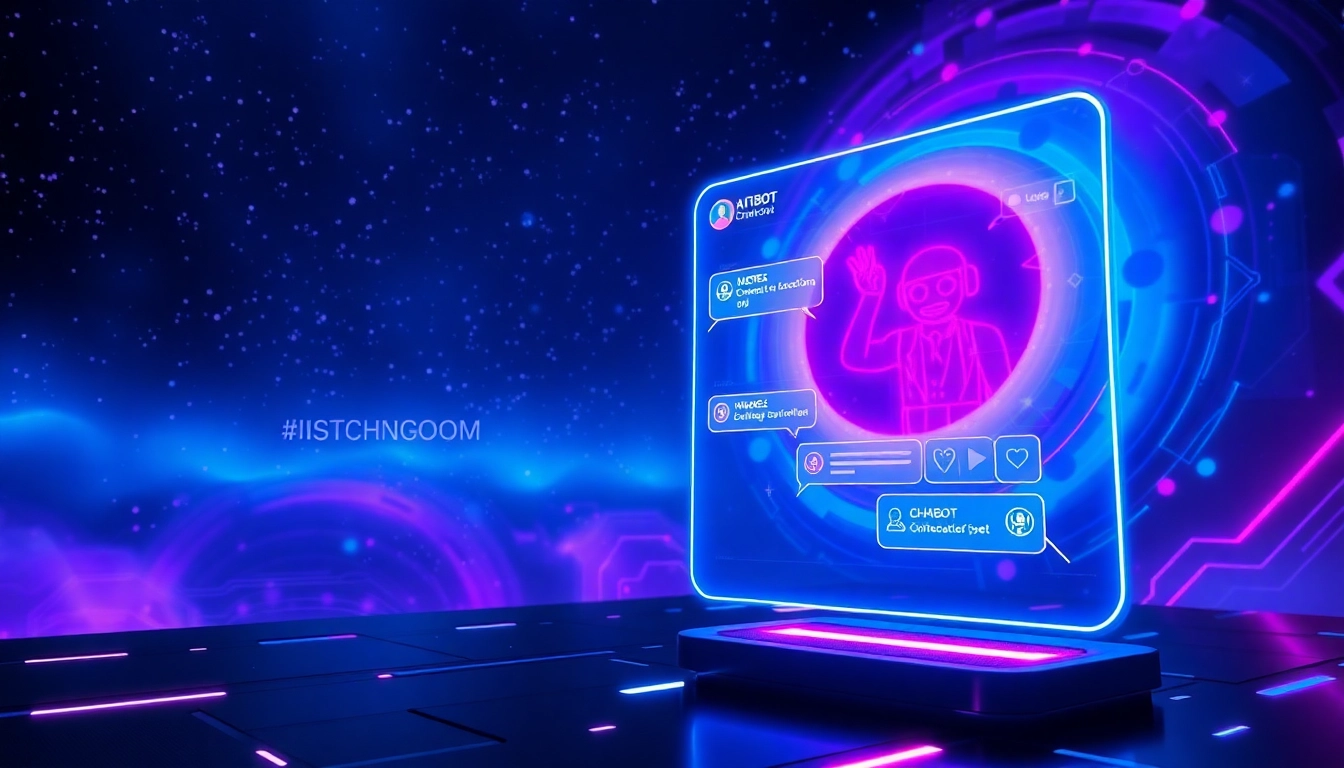 Futuristic digital interface with cosmic space background, neon glowing elements, and holographic AI chat window.