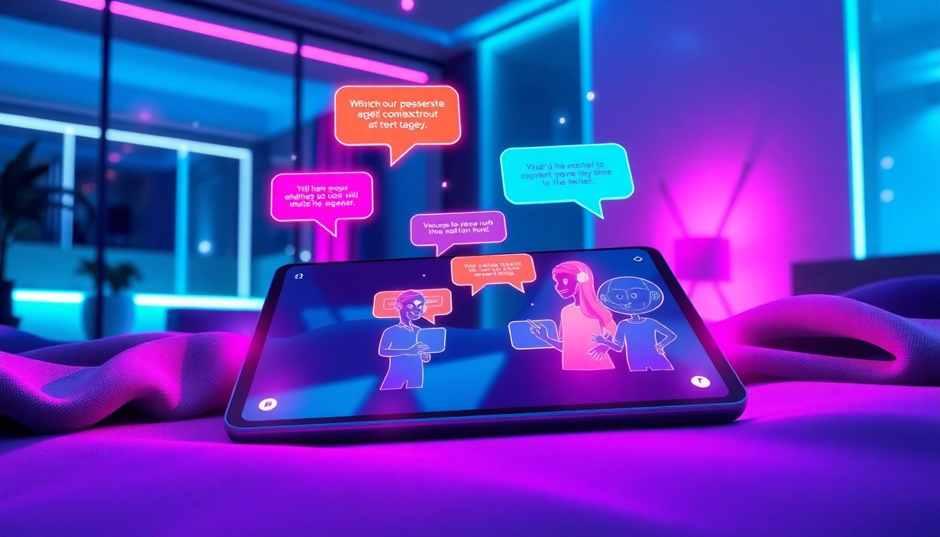 Futuristic digital chat interface with AI characters engaging in conversation on a sleek device, set in a modern, neon-lit room.