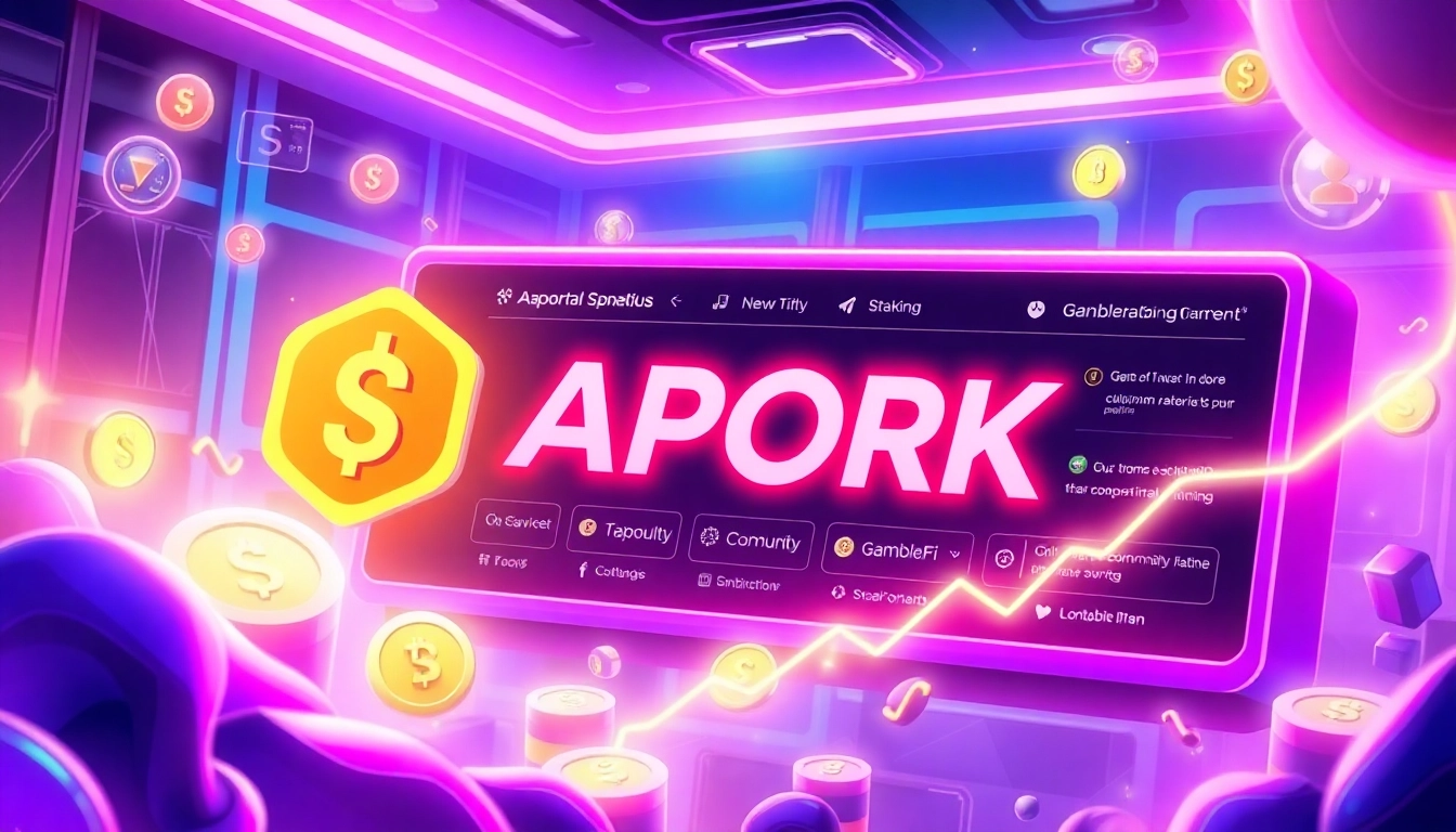 Engage in APORK Staking with vibrant graphics showcasing community rewards, tokens, and
