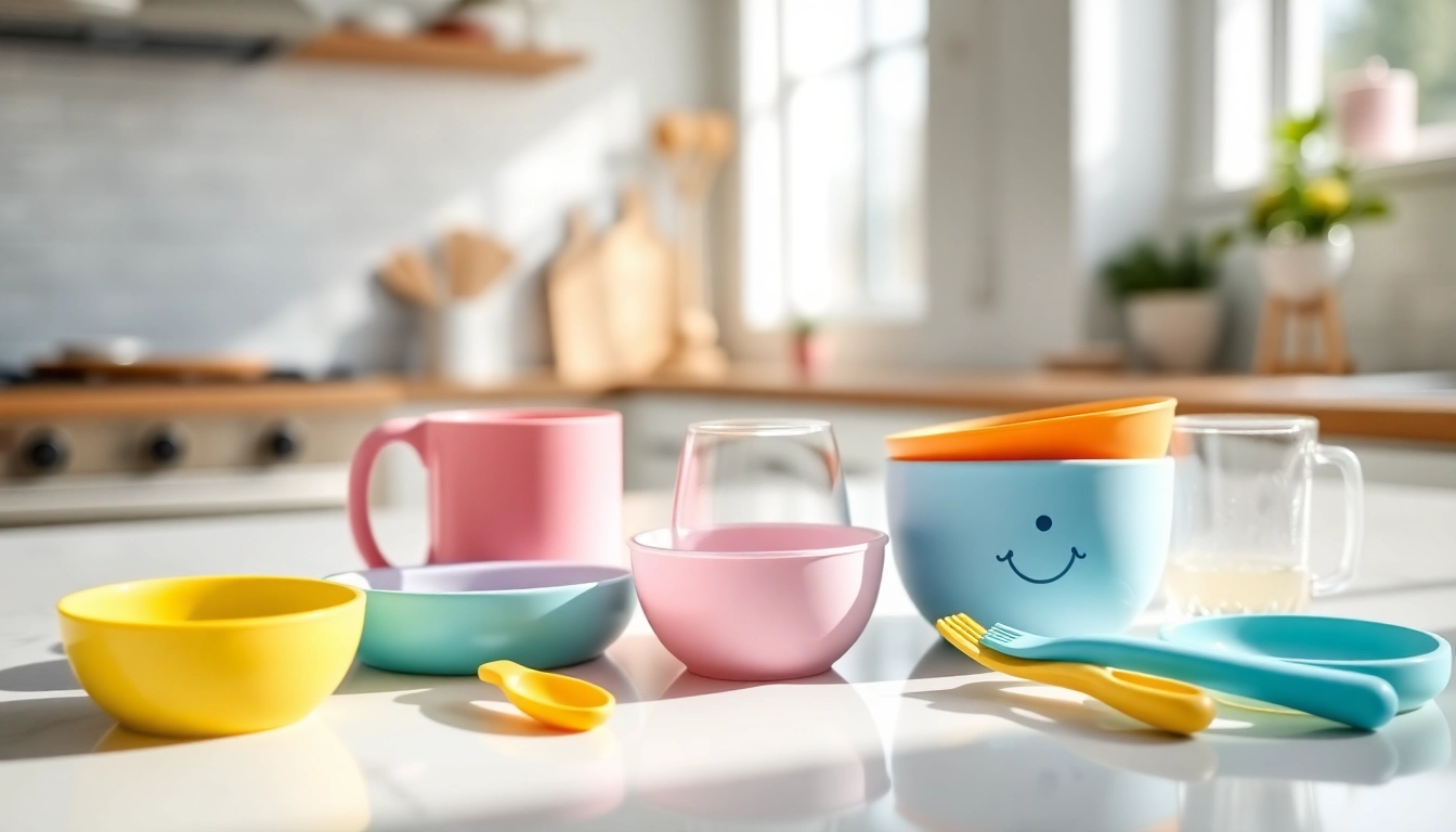 Child-friendly safe silicone baby tableware with colorful designs in a modern kitchen setting