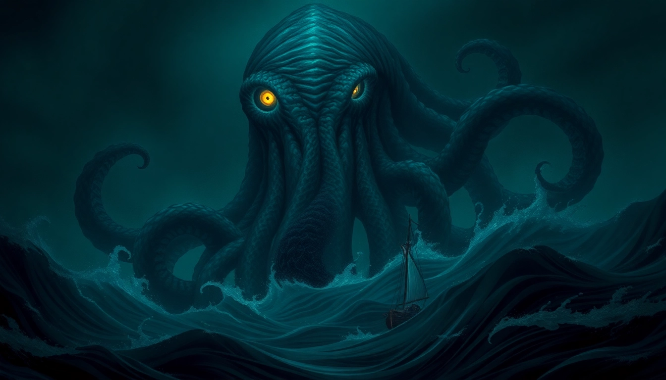The kraken depicted in a dark ocean with glowing eyes and massive tentacles attacking a ship