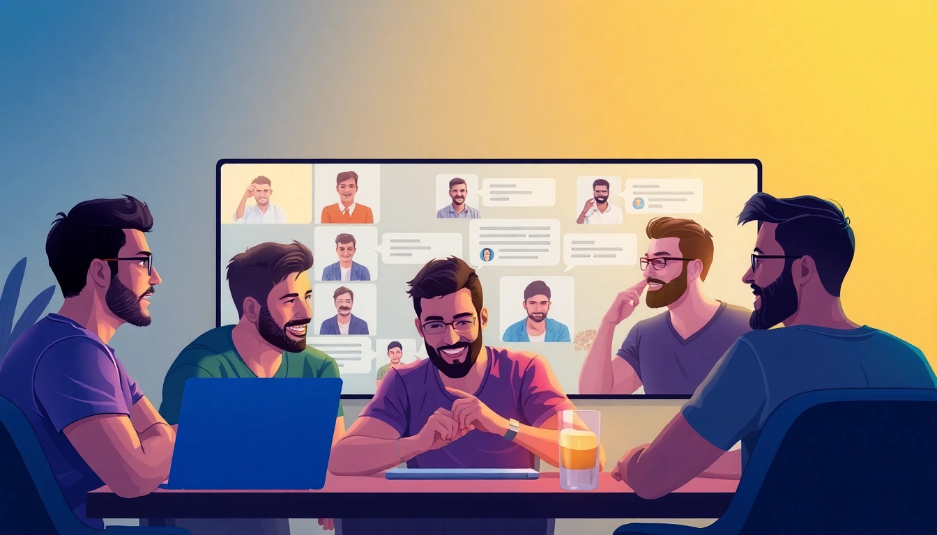 Engaging scene of men participating in gay chat on their smartphones, showing connection and