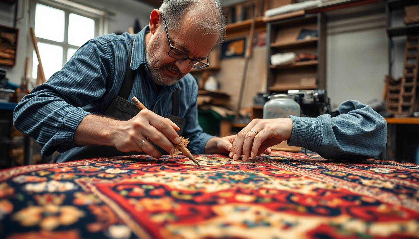 Professional team performing Restauro Tappeti Milano on an ornate Persian rug with detailed