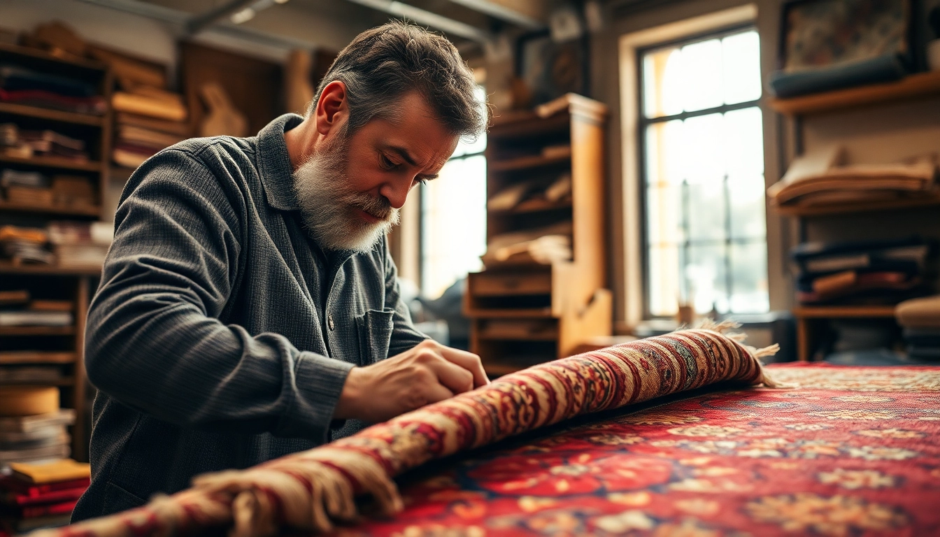 Expert restoring a traditional rug in Milan highlights Restauro Tappeti milano craftsmanship