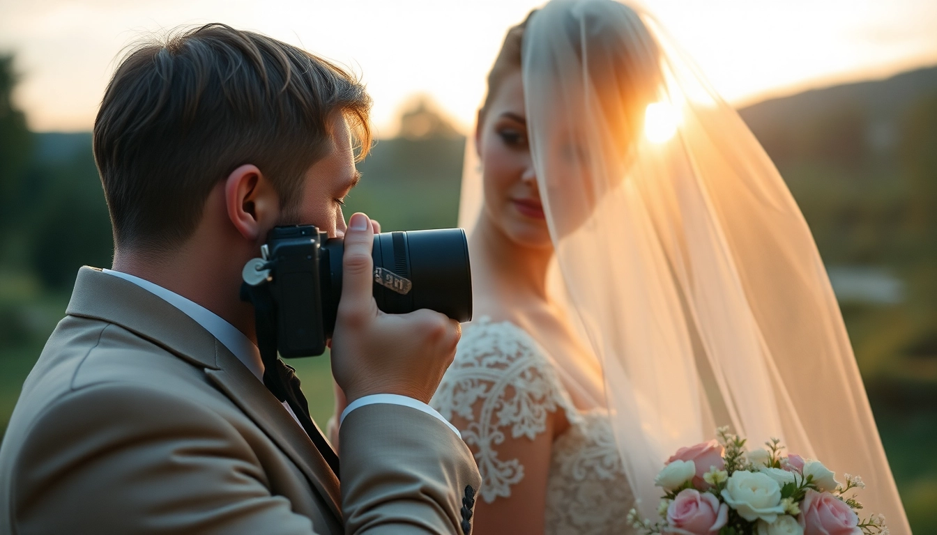Skilled eskuvo fotos capturing a couple's romantic moment during a sunset wedding ceremony for