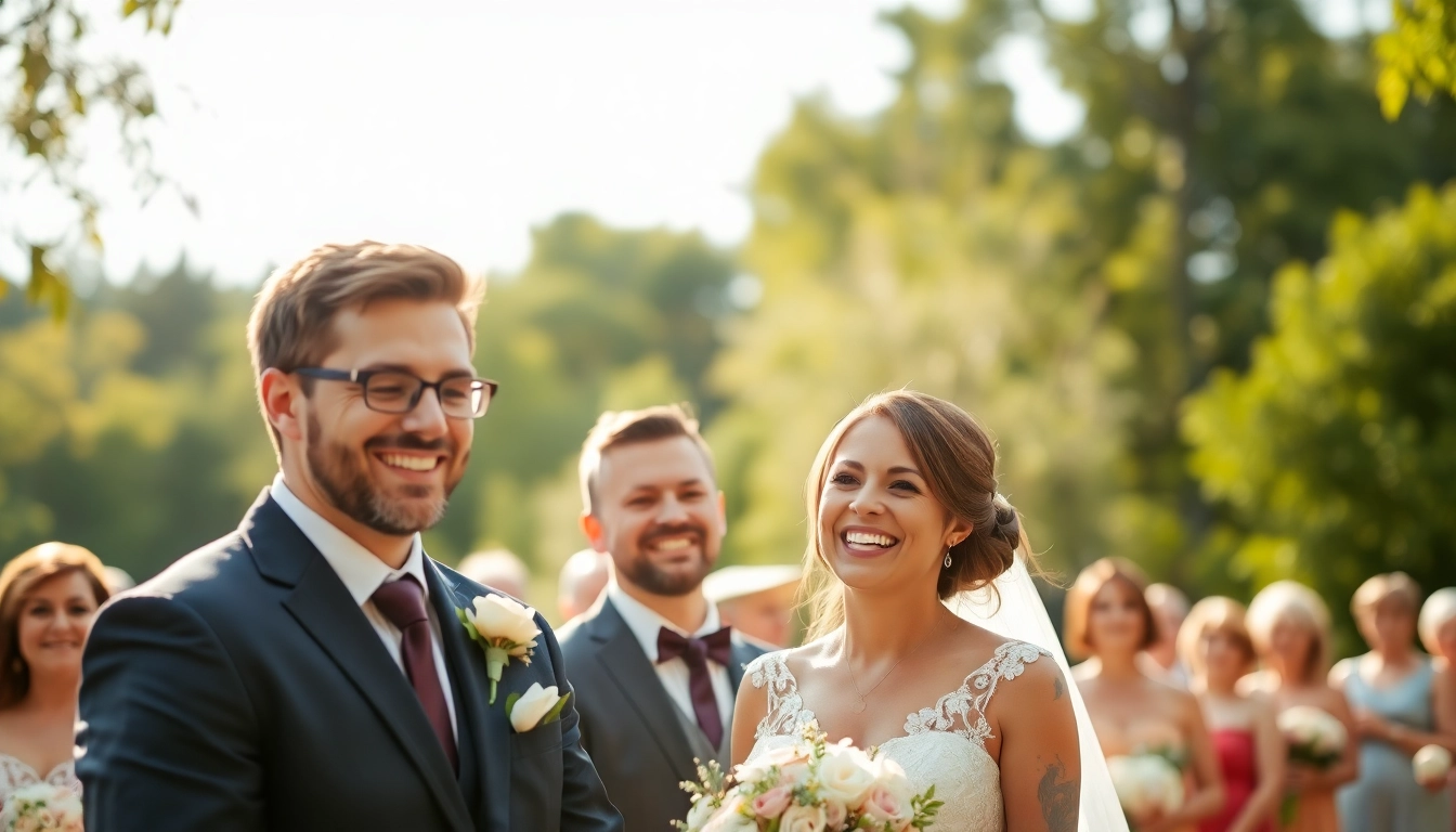 Skilled eskuvo fotos photographing a happy couple during outdoor wedding ceremony with guests