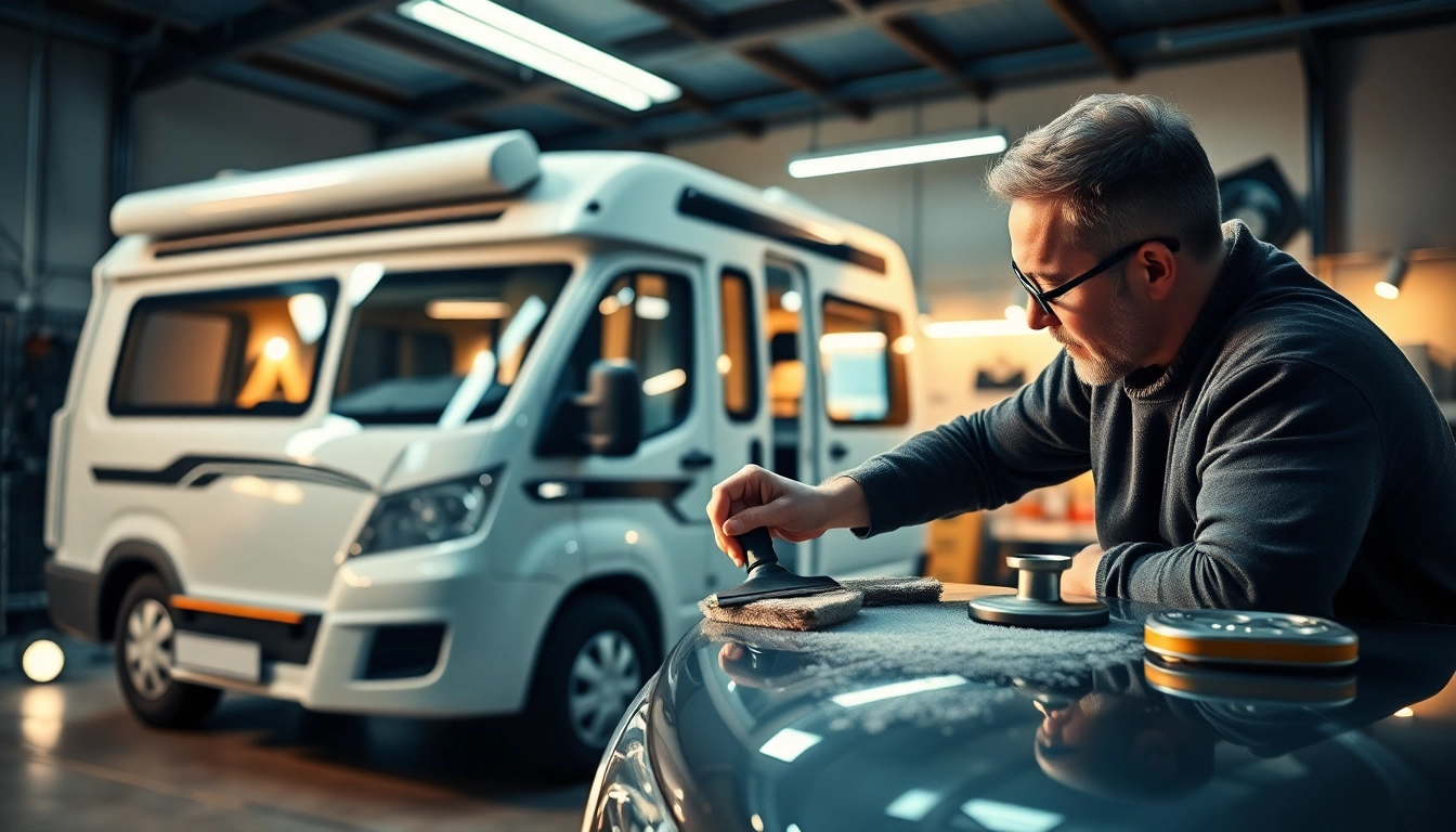 Professional applying Wohnmobil Politursiegelung to a camper van with polishing tools,